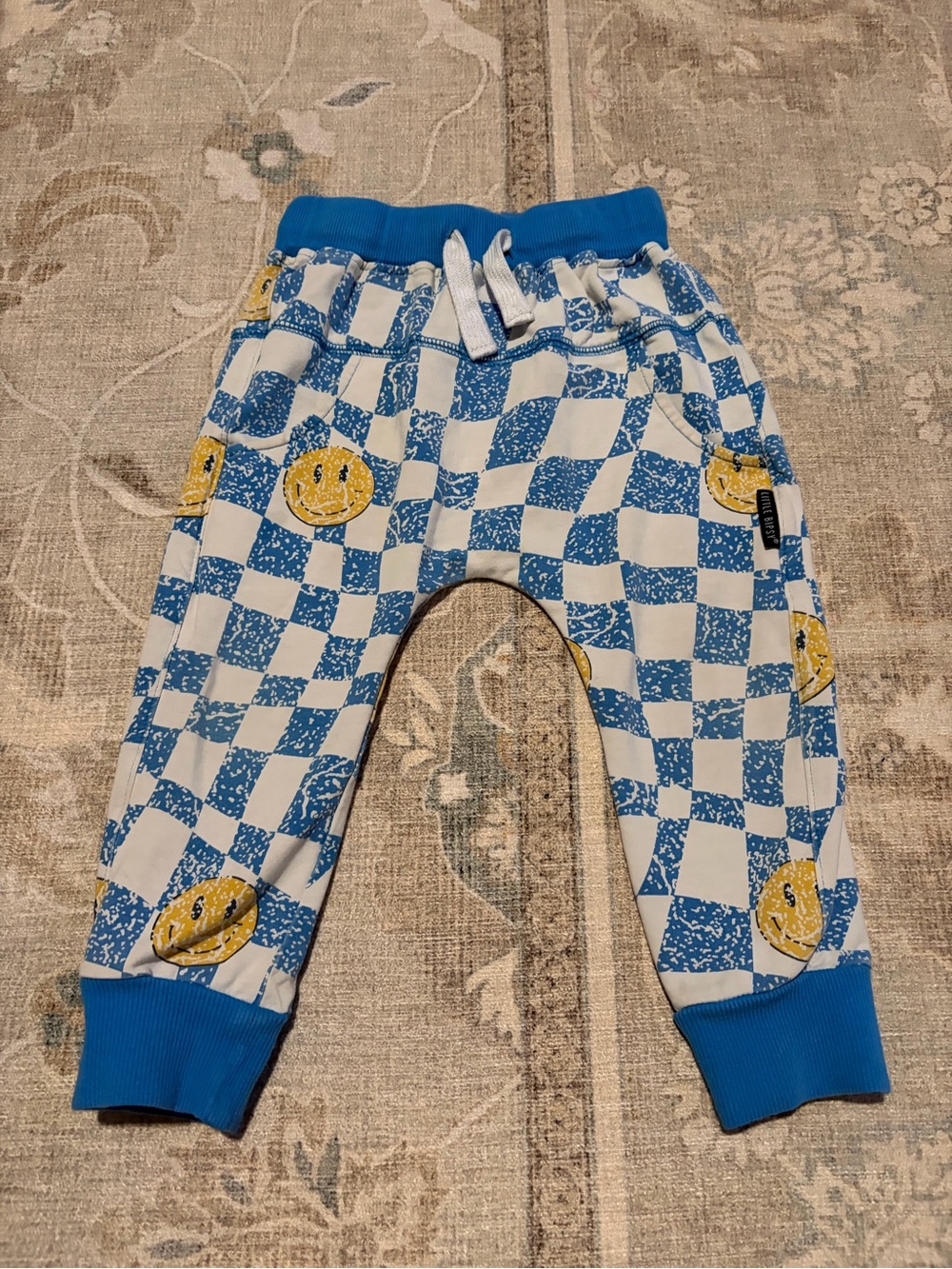 Little Bipsy Blue & White Checkered Smiley Sweatpants 2-3 T